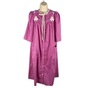 Vtg Models Coat Purple Floral Print Snap Front House Dress Robe‎ Midi Size S M